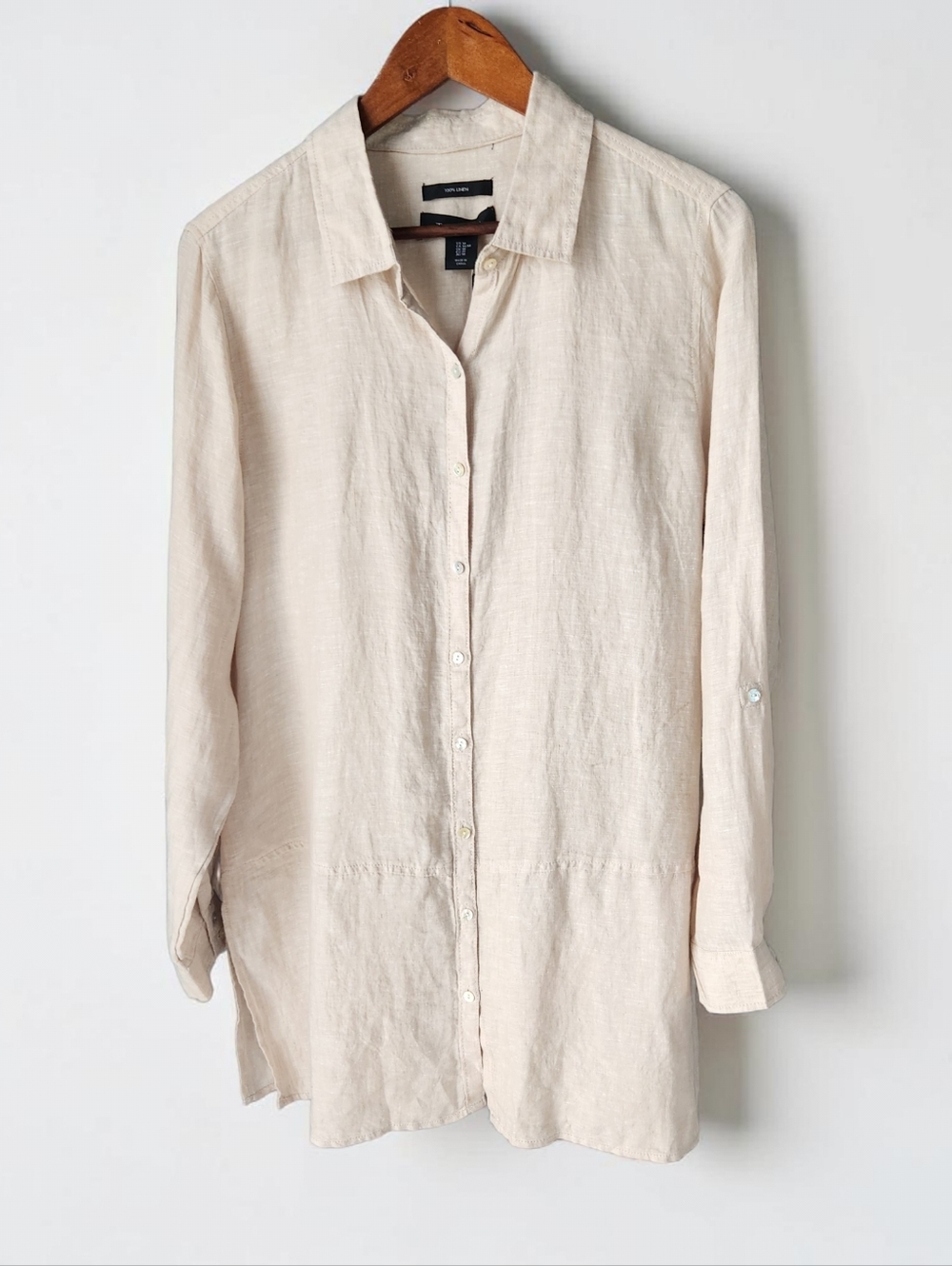 Tahari Linen Beige Button Up Shirt Womens M Roll Tab Sleeve Relax Fit Longline